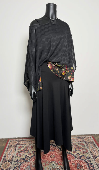 Havana Top - Black Georgette With Floral Hemline Trim