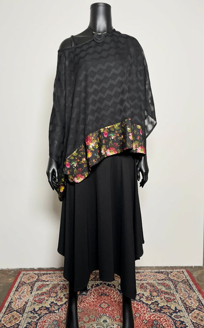 Havana Top - Black Georgette With Floral Hemline Trim