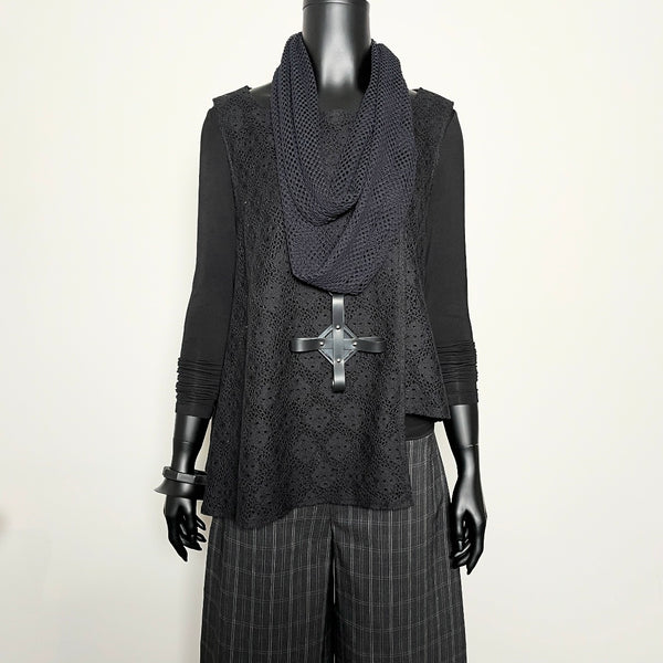 wide leg pant in grey plaid black lace top black mesh scarf