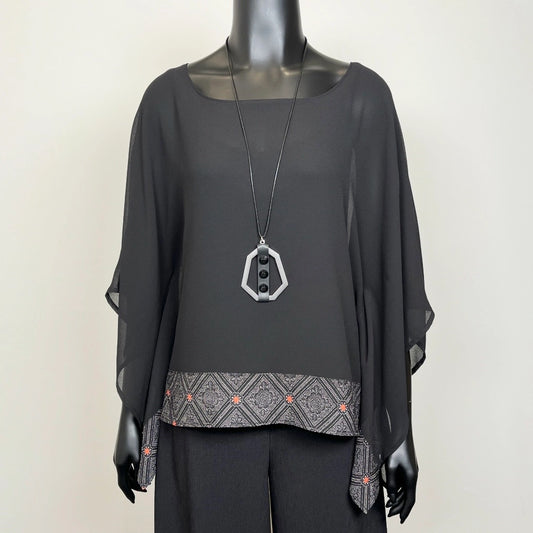 Black georgette chiffon top with vintage kimono fabric black rubber necklace wide leg pant black linen made in Melbourne Eloise the label
