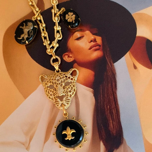 gold leopard lioness pendant necklace fler de lis four leaf clover vintage french jet gold filled chain made in australia jewellery Eloise the label