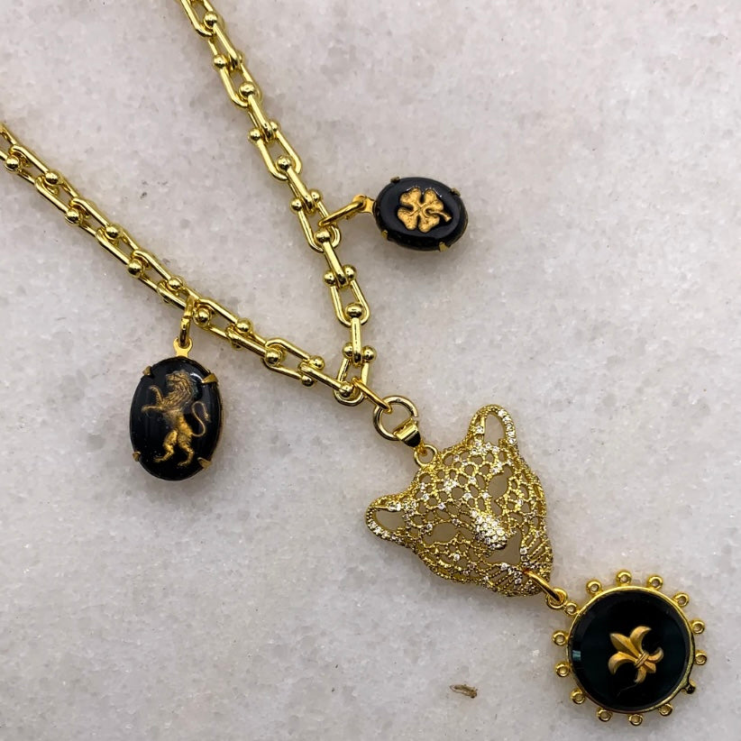 gold leopard lioness pendant necklace fler de lis four leaf clover vintage french jet gold filled chain made in australia jewellery Eloise the label