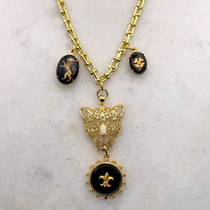 gold leopard lioness pendant necklace fler de lis four leaf clover vintage french jet gold filled chain made in australia jewellery Eloise the label