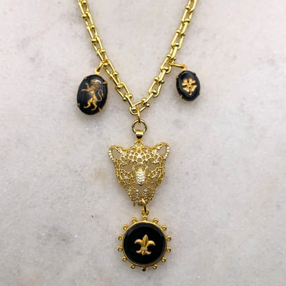 gold leopard lioness pendant necklace fler de lis four leaf clover vintage french jet gold filled chain made in australia jewellery Eloise the label