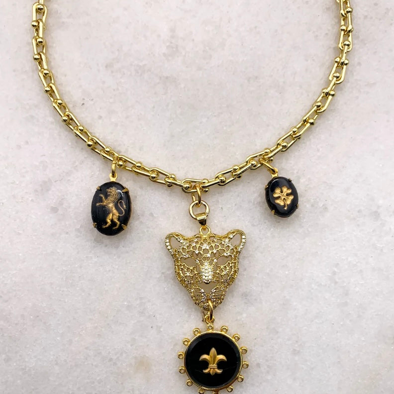 gold leopard lioness pendant necklace fler de lis four leaf clover vintage french jet gold filled chain made in australia jewellery Eloise the label