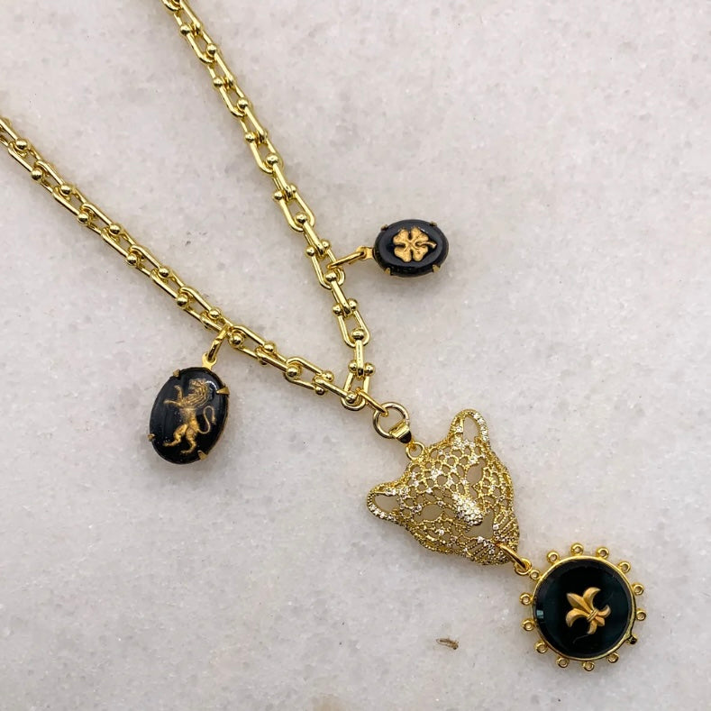 gold leopard lioness pendant necklace fler de lis four leaf clover vintage french jet gold filled chain made in australia jewellery Eloise the label