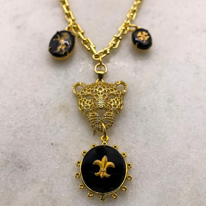 gold leopard lioness pendant necklace fler de lis four leaf clover vintage french jet gold filled chain made in australia jewellery Eloise the label