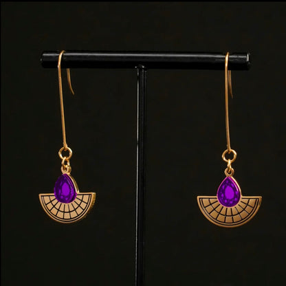 Long Hooked Sunburst Earrings - Gold and Purple