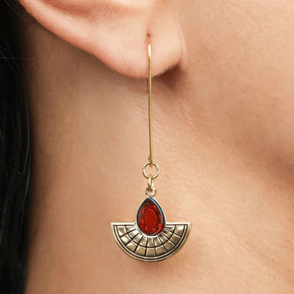 Long Hooked Sunburst Earrings - Gold and Ruby Red