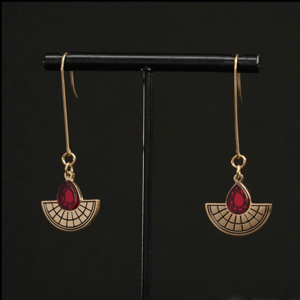 Long Hooked Sunburst Earrings - Gold and Ruby Red
