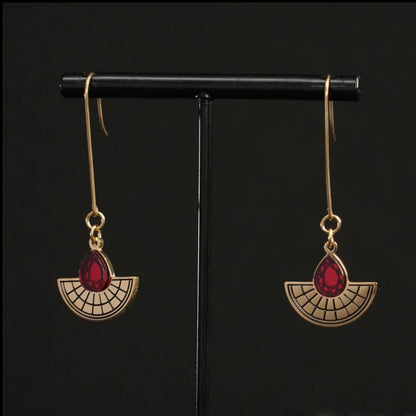 Long Hooked Sunburst Earrings - Gold and Ruby Red