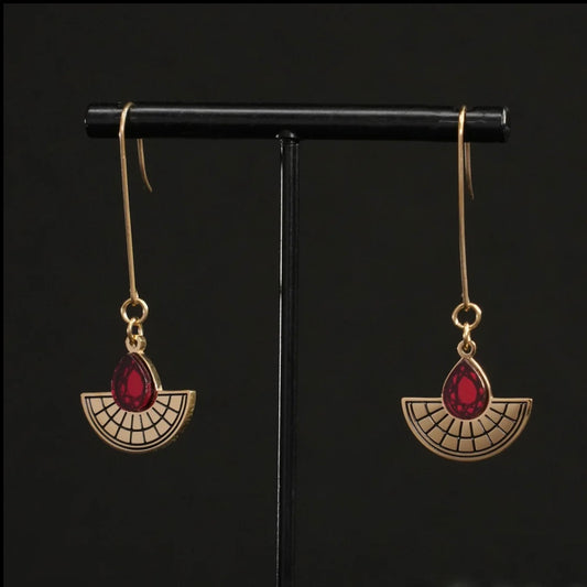 Long Hooked Sunburst Earrings - Gold and Ruby Red