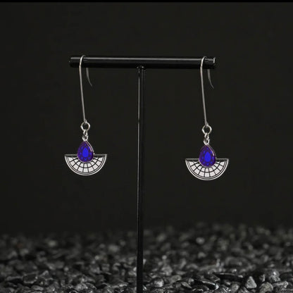 Long Hooked Sunburst Earrings - Silver and Blue