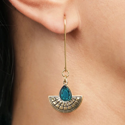 Long Hooked Sunburst Earrings - Gold and Teal