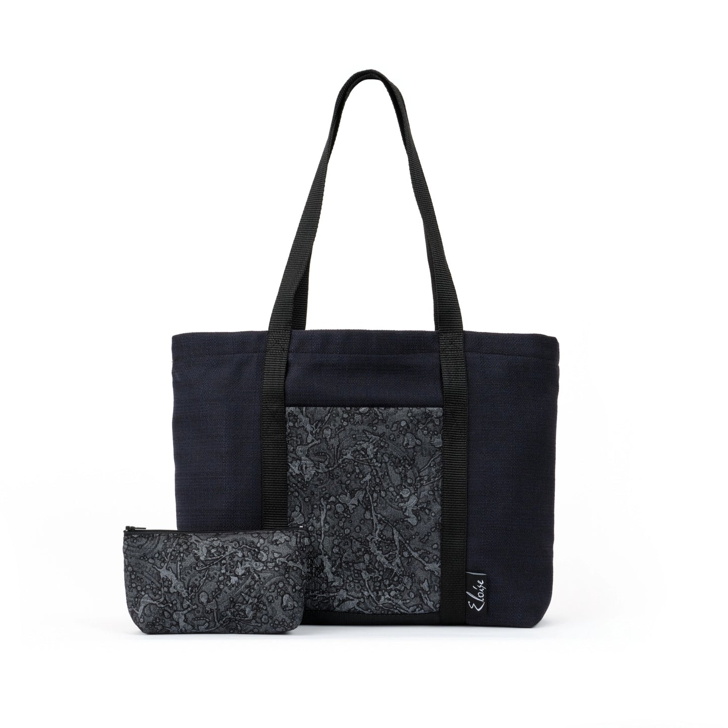 Black tote bag with grey paisley ink splatter remnant fabric front pocket matching purse set fully lined made in Melbourne Eloise the label
