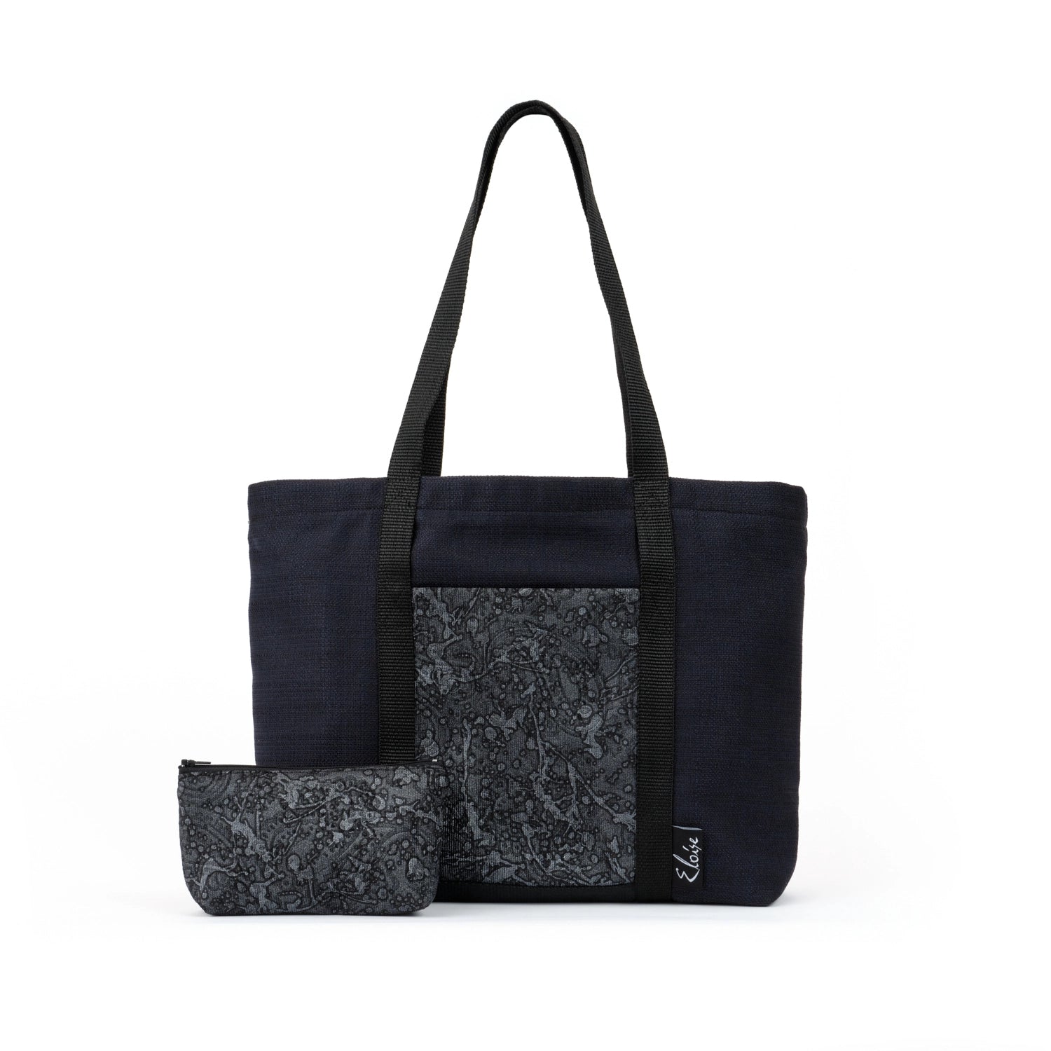 Black tote bag with grey paisley ink splatter remnant fabric front pocket matching purse set fully lined made in Melbourne Eloise the label