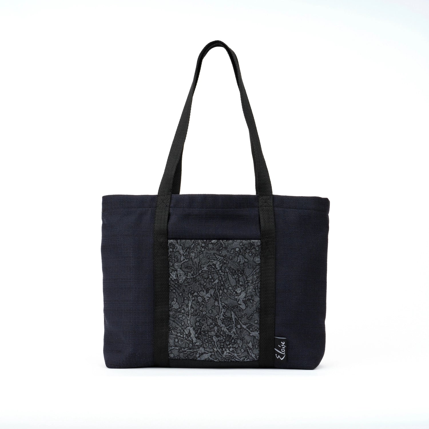 Black tote bag with grey paisley ink splatter remnant fabric front pocket matching purse set fully lined made in Melbourne Eloise the label