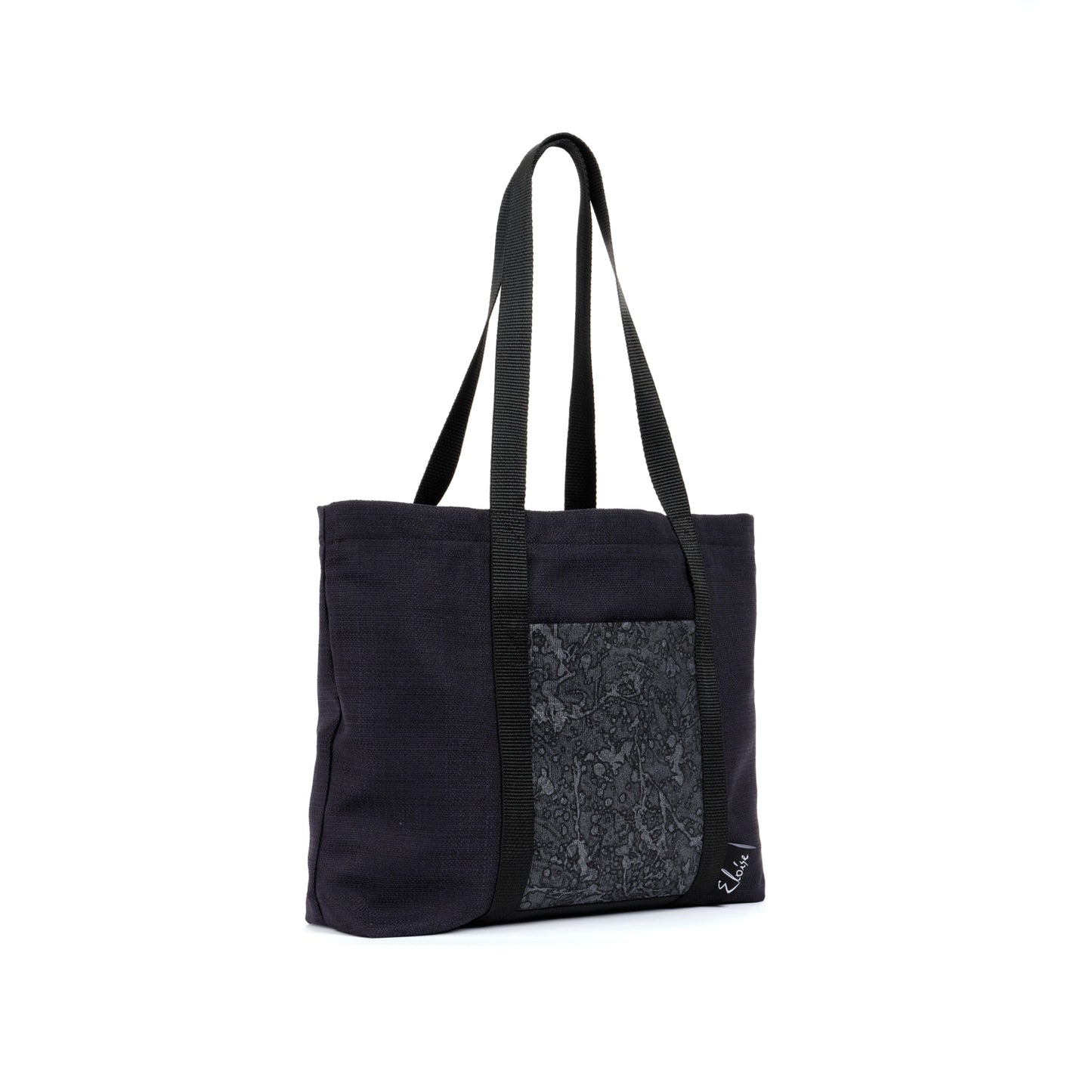 Black tote bag with grey paisley ink splatter remnant fabric front pocket matching purse set fully lined made in Melbourne Eloise the label