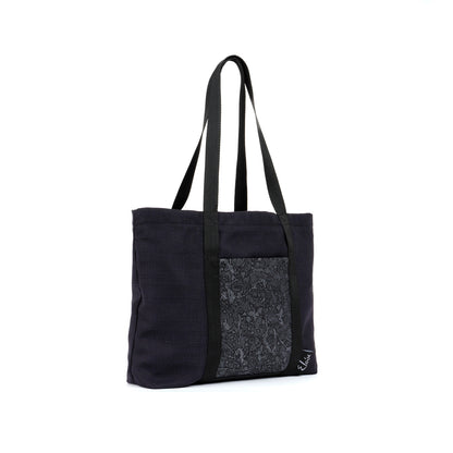 Black tote bag with grey paisley ink splatter remnant fabric front pocket matching purse set fully lined made in Melbourne Eloise the label