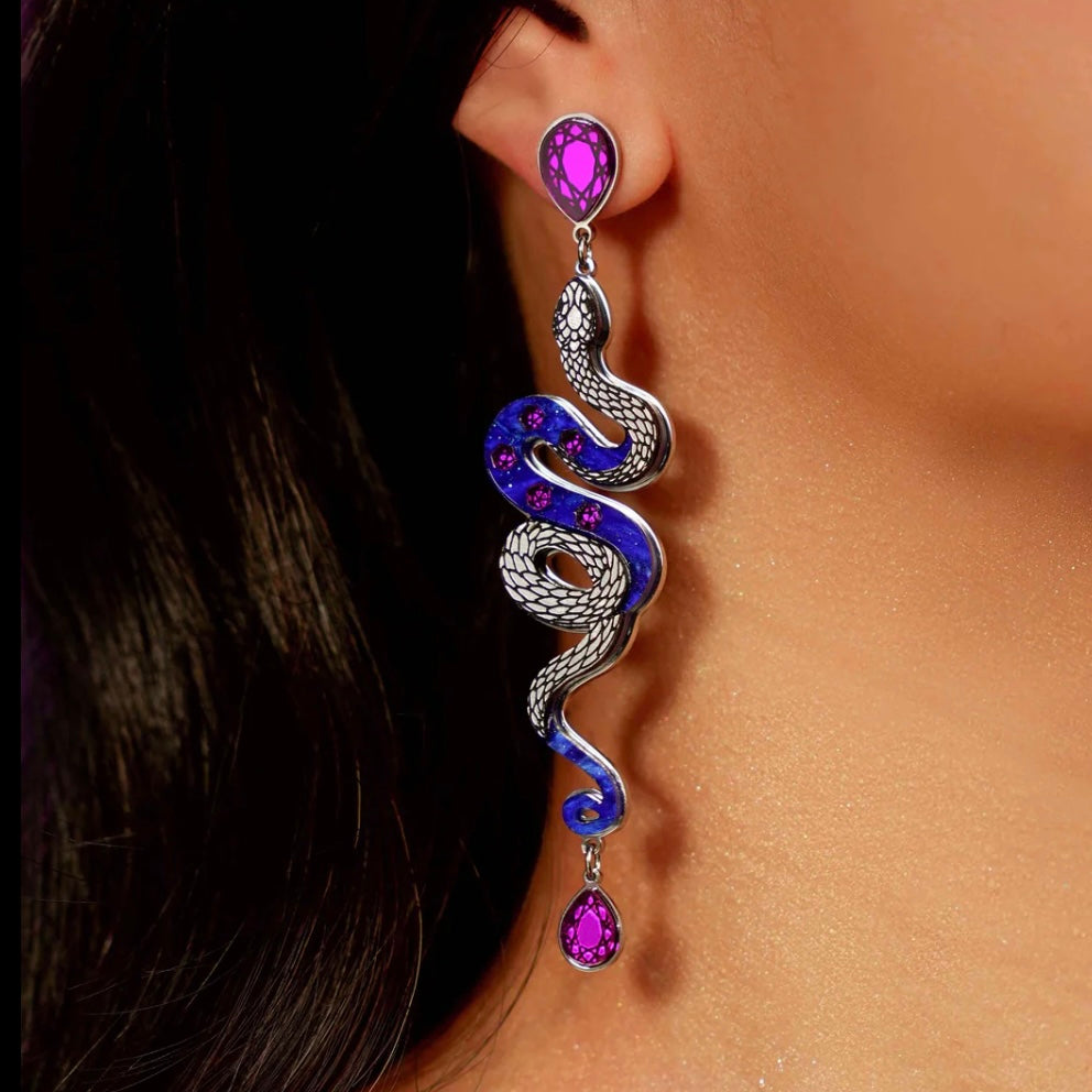 Snake earrings in purple and blue and silver  made in Australia Eloise the label
