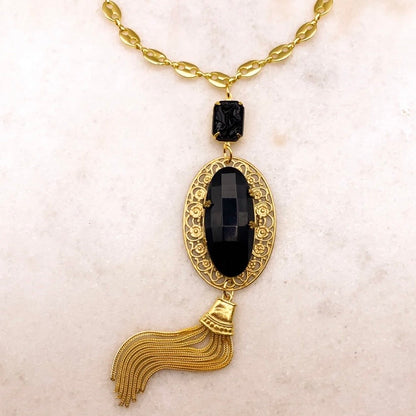 Midnight At The Oasis Necklace - Art Deco French Jet Tassel Pendant