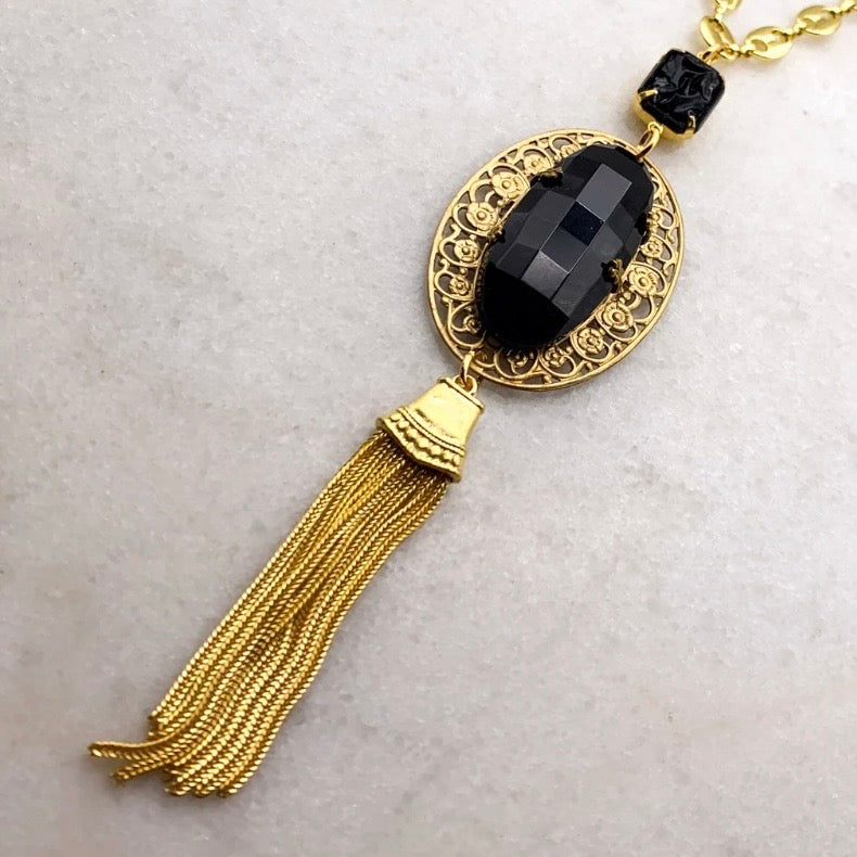 Midnight At The Oasis Necklace - Art Deco French Jet Tassel Pendant