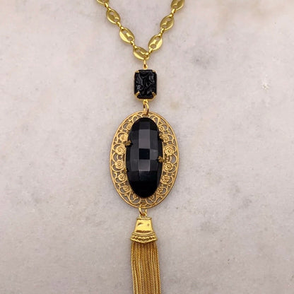 Midnight At The Oasis Necklace - Art Deco French Jet Tassel Pendant