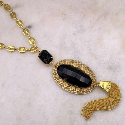 Midnight At The Oasis Necklace - Art Deco French Jet Tassel Pendant