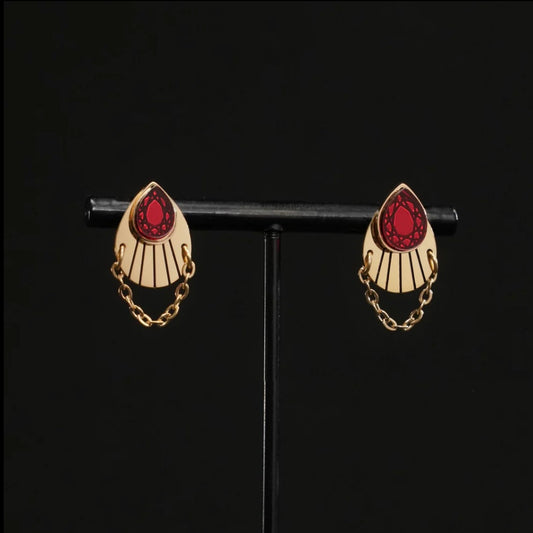 Cleopatra Armoured Stackable Stud Earrings Set - Gold and Ruby Red