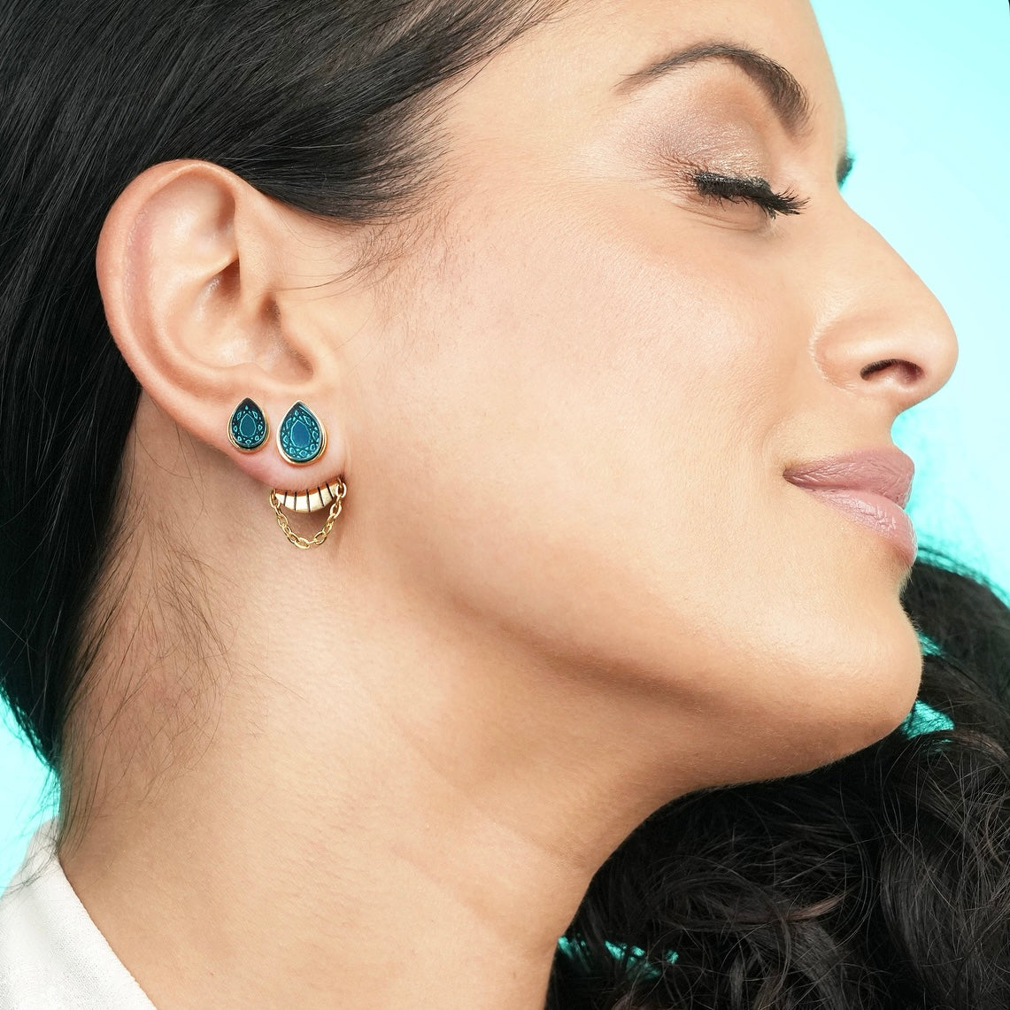 Cleopatra Armoured Stackable Stud Earrings Set Gold and Teal