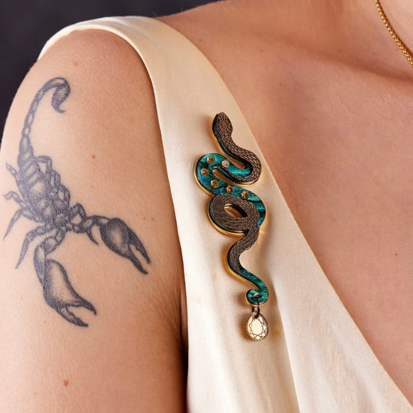 Medusa Snake Brooch - Teal and gold