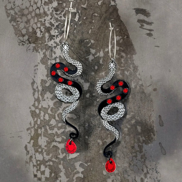 Medusa Snake Hoops Earrings - Ruby and black