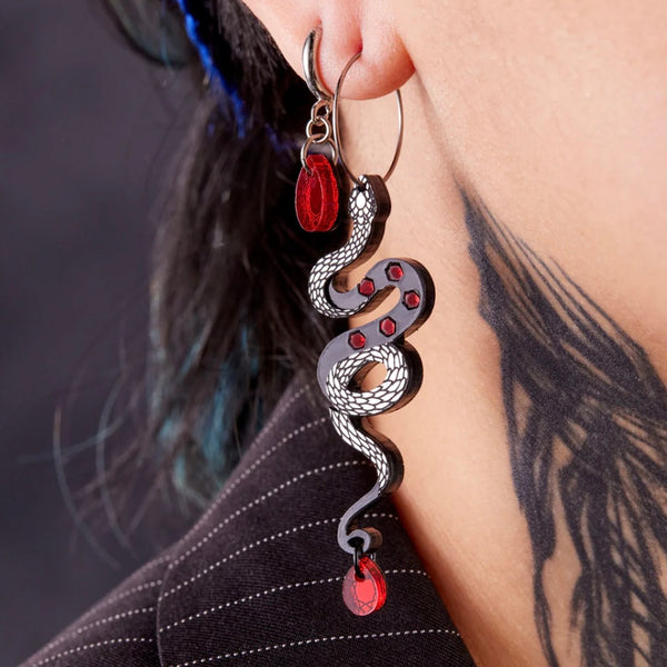 Medusa Snake Hoops Earrings - Ruby and black