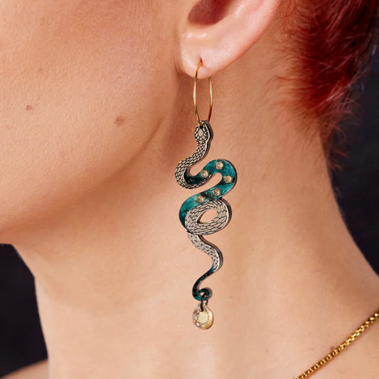 Medusa Snake Hoop Earrrings - Teal and Gold