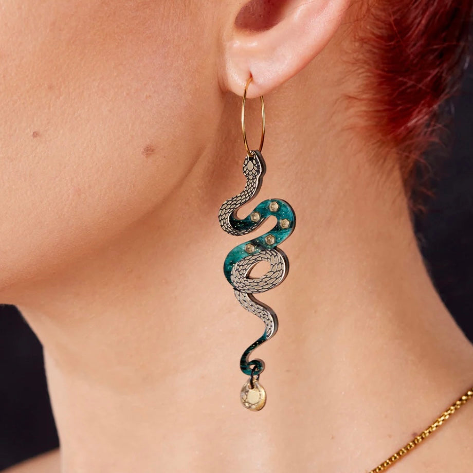 Medusa Snake Hoop Earrrings - Teal and Gold