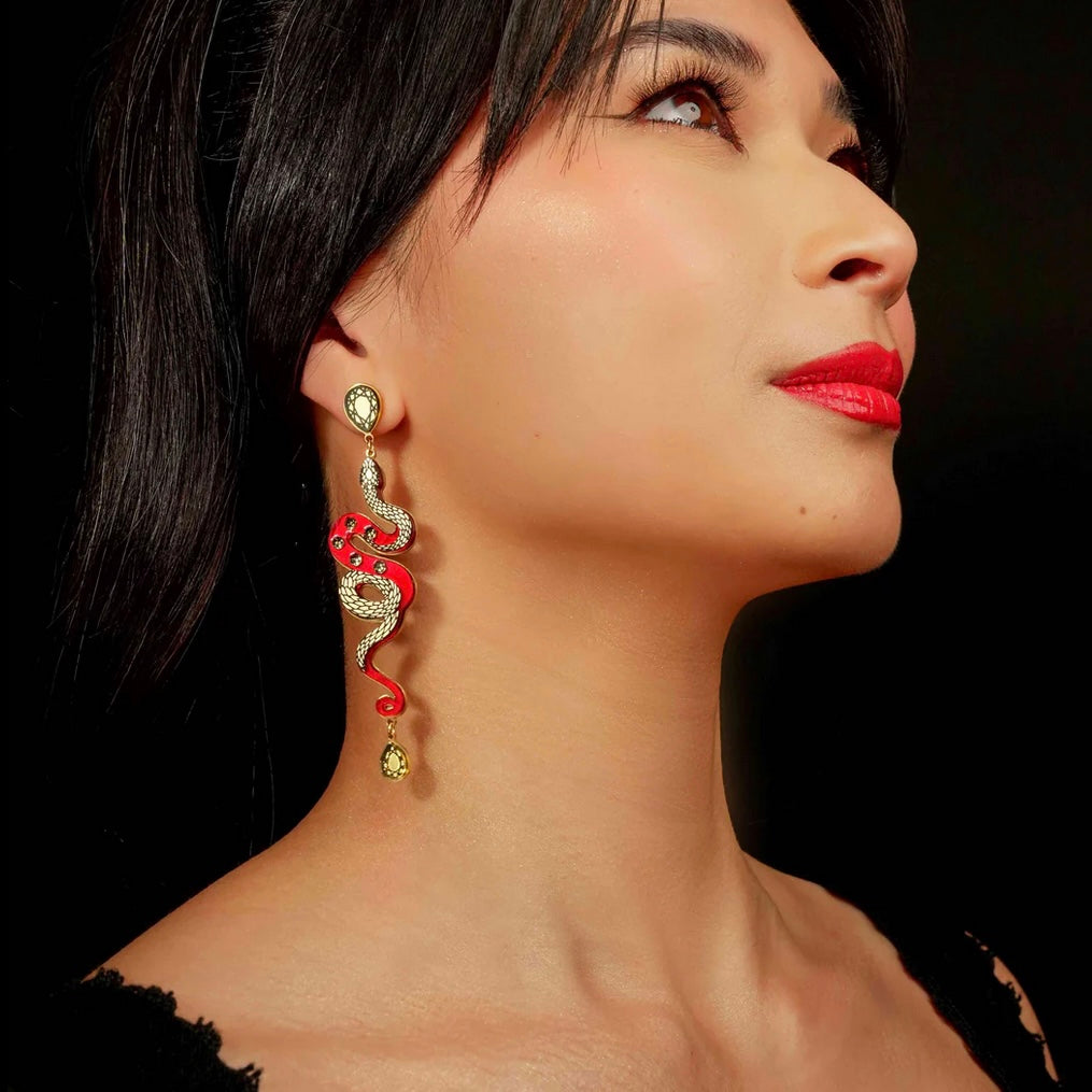 Snake earrings in ruby red and gold made in Australia Eloise the label