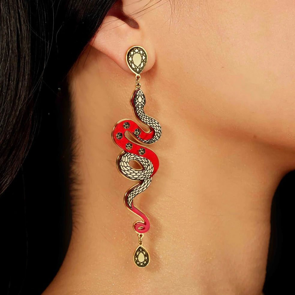 Snake earrings in ruby red and gold made in Australia Eloise the label