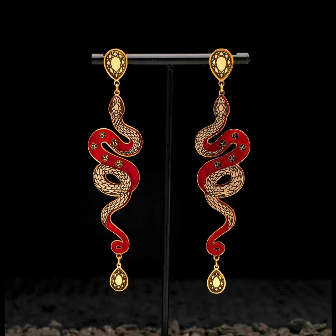 Snake earrings in ruby red and gold made in Australia Eloise the label