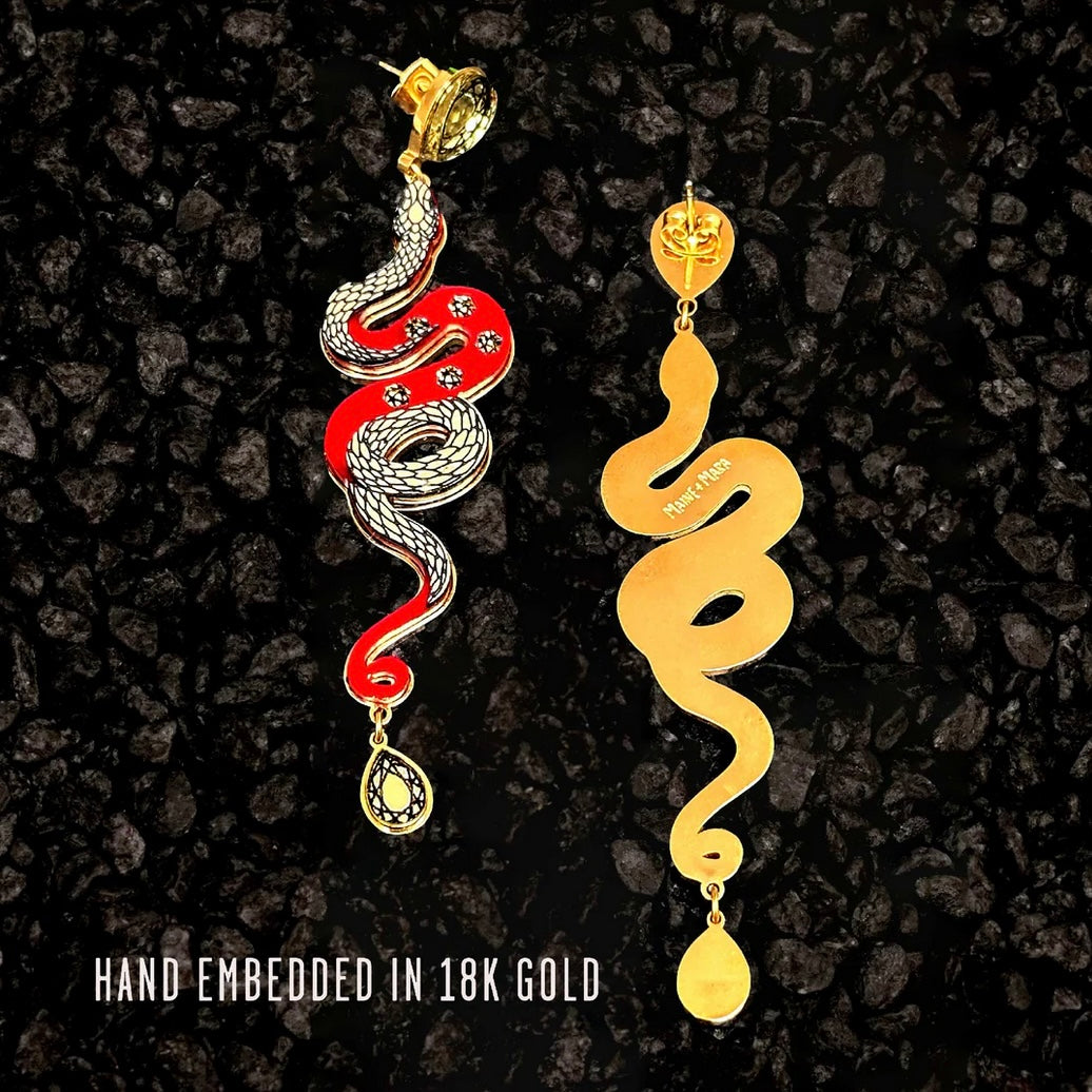 Snake earrings in ruby red and gold made in Australia Eloise the label