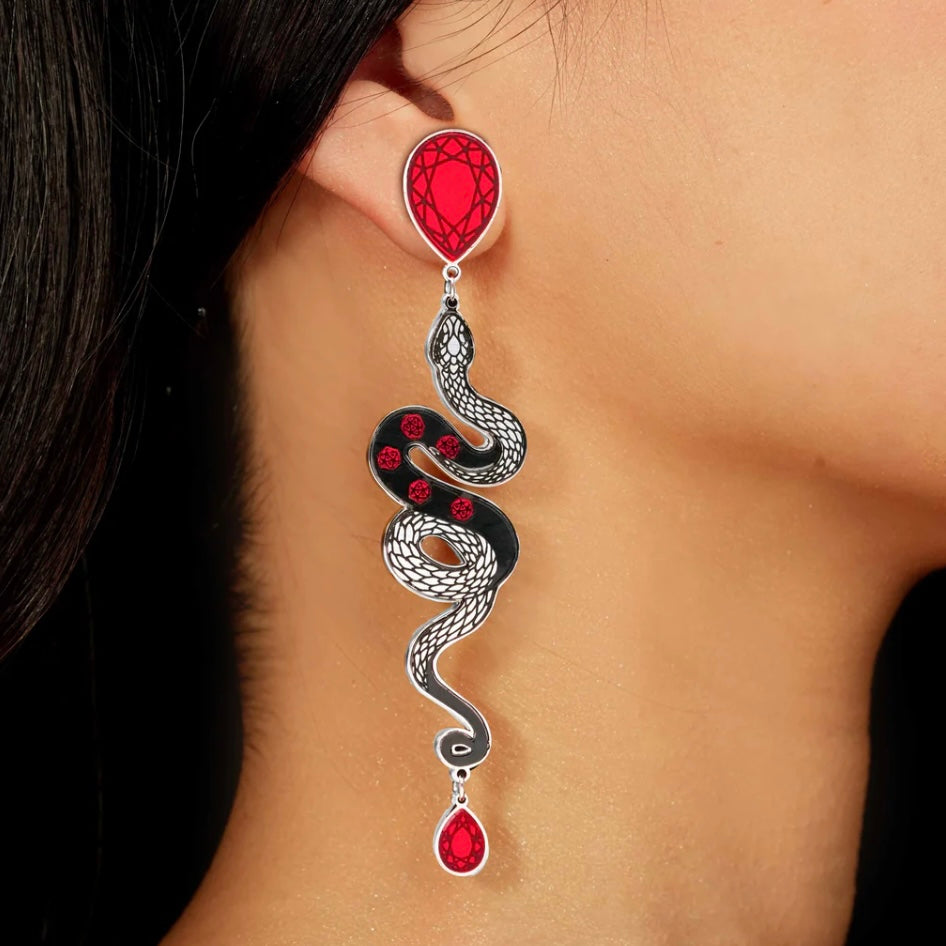 Snake earrings in red black and silver made in Australia Eloise the label