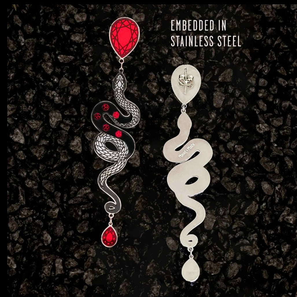 Snake earrings in red black and silver made in Australia Eloise the label