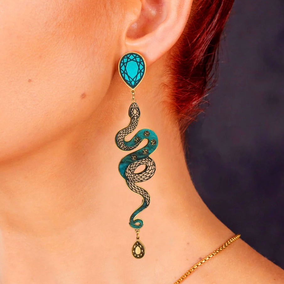 Snake earrings in teal and gold made in Australia Eloise the label