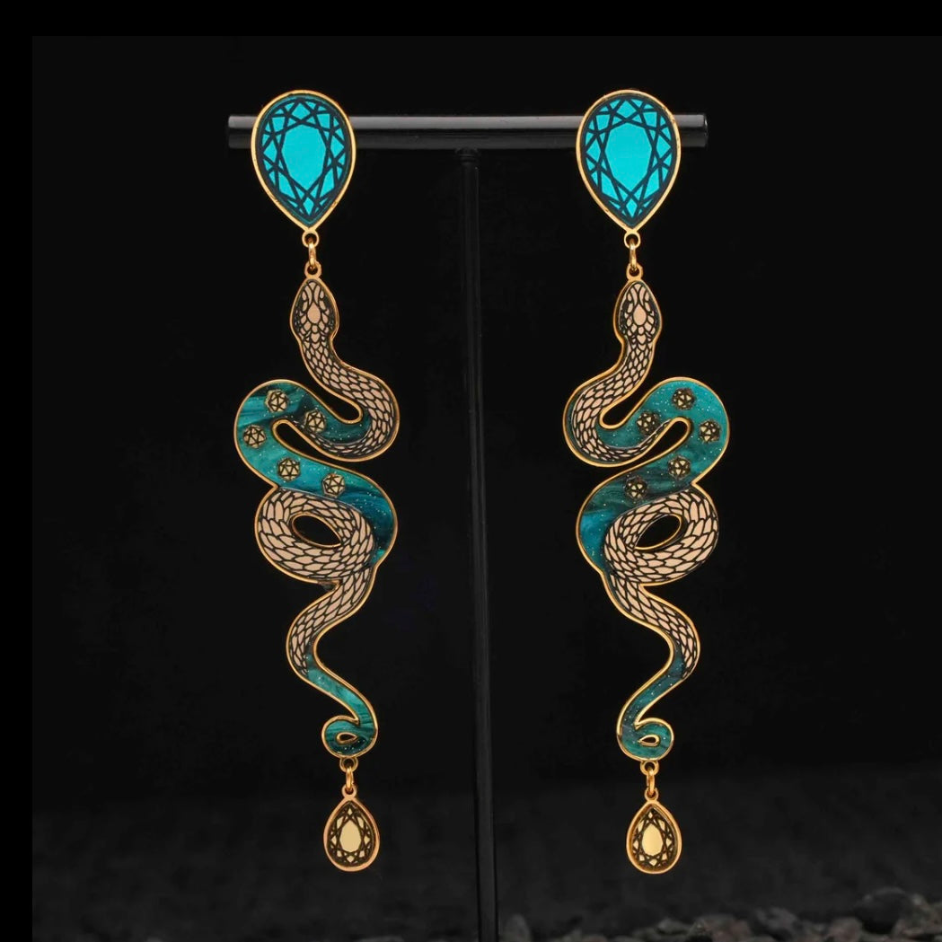 Snake earrings in teal and gold made in Australia Eloise the label