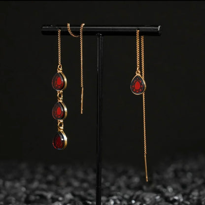 Mismatched Threader Earrings - Gold and Ruby Red