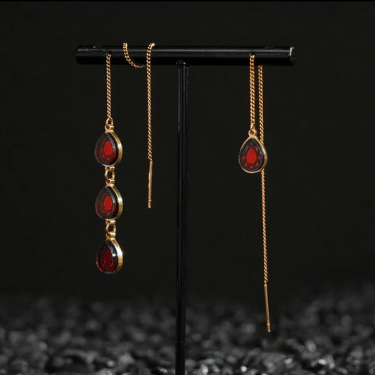 Mismatched Threader Earrings - Gold and Ruby Red