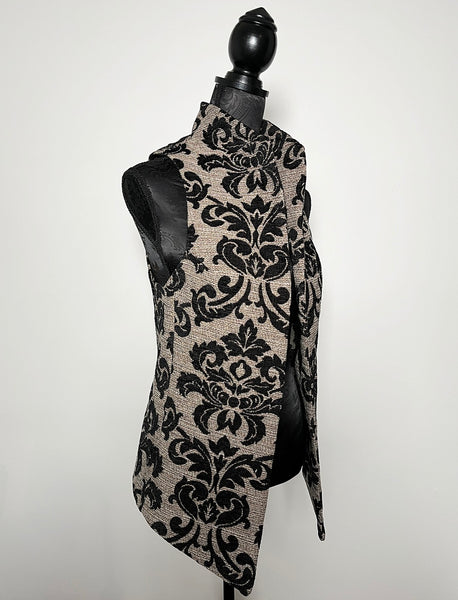 gothic black jacquard brocade vest fleur de lis vest jacquard brocade vest ladies apparel stylish clothing handmade in melbourne classy elegant clothing timeless pieces timeless clothing classic style unique clothing unique style ageless style luxe fabrics statement clothing statement style evening style clothing floral vest stand up collar womens clothing made in australia eloise the label