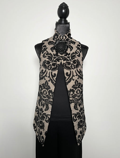 gothic black jacquard brocade vest fleur de lis vest jacquard brocade vest ladies apparel stylish clothing handmade in melbourne classy elegant clothing timeless pieces timeless clothing classic style unique clothing unique style ageless style luxe fabrics statement clothing statement style evening style clothing floral vest stand up collar womens clothing made in australia eloise the label