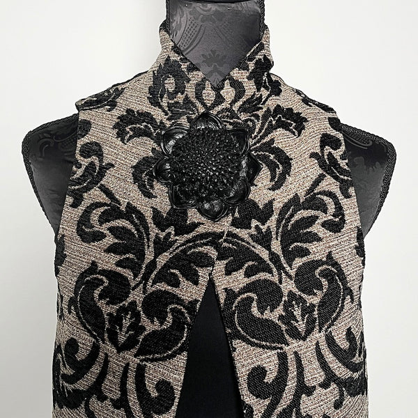 gothic black jacquard brocade vest fleur de lis vest jacquard brocade vest ladies apparel stylish clothing handmade in melbourne classy elegant clothing timeless pieces timeless clothing classic style unique clothing unique style ageless style luxe fabrics statement clothing statement style evening style clothing floral vest stand up collar womens clothing made in australia eloise the label