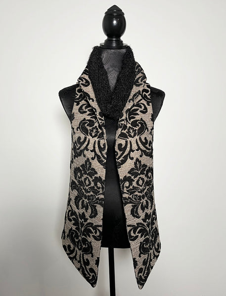 gothic black jacquard brocade vest fleur de lis vest jacquard brocade vest ladies apparel stylish clothing handmade in melbourne classy elegant clothing timeless pieces timeless clothing classic style unique clothing unique style ageless style luxe fabrics statement clothing statement style evening style clothing floral vest stand up collar womens clothing made in australia eloise the label