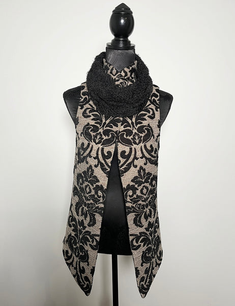 gothic black jacquard brocade vest fleur de lis vest jacquard brocade vest ladies apparel stylish clothing handmade in melbourne classy elegant clothing timeless pieces timeless clothing classic style unique clothing unique style ageless style luxe fabrics statement clothing statement style evening style clothing floral vest stand up collar womens clothing made in australia eloise the label